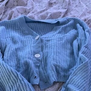 SHEIN Blue Cardigan Sweater with Ribbed Knit Design